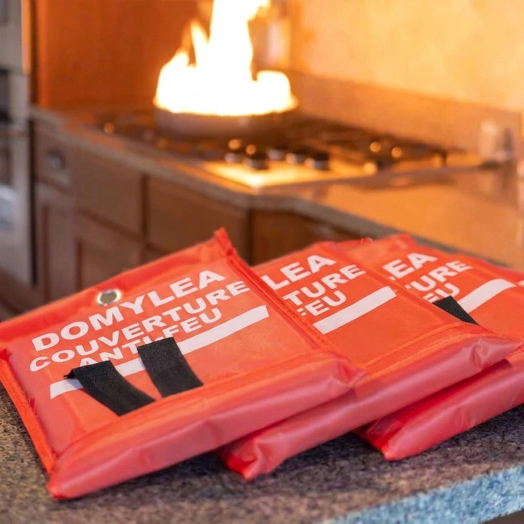 Couvertures anti-feu Domylea posees sur un comptoir de cuisine