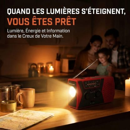Famille dans une cuisine eclairee par la radio d'urgence pendant une panne