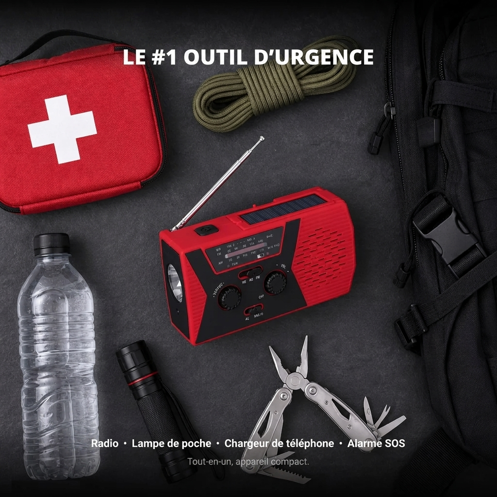 Radio d'urgence posee dans une trousse de survie avec lampe et corde