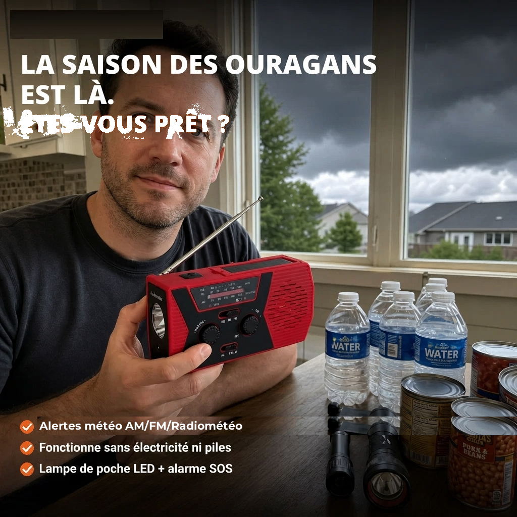 Homme tenant la radio d'urgence devant une fenetre pendant un orage