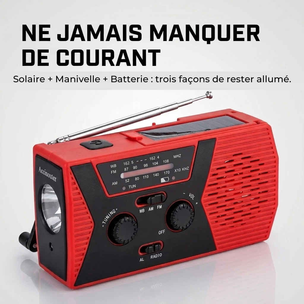 Radio d'urgence rouge et noire, trois modes de recharge