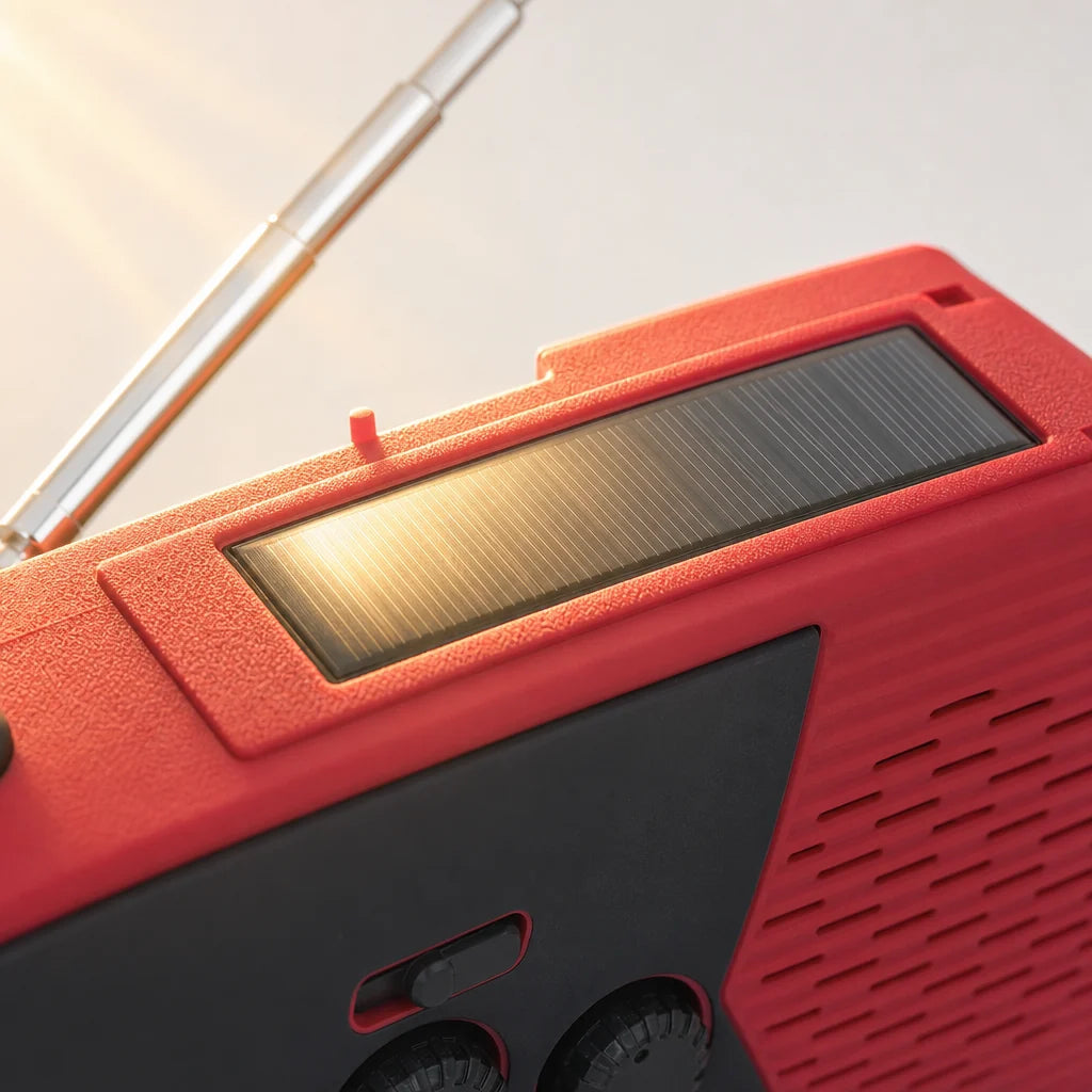 Gros plan sur le panneau solaire de la radio d'urgence
