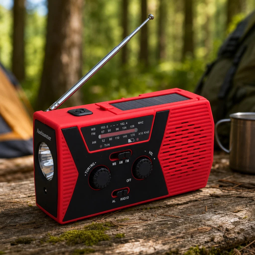 Radio d'urgence posee sur un tronc lors d'un camping en foret