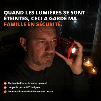 Homme eclairant sa maison avec la radio d'urgence pendant une panne