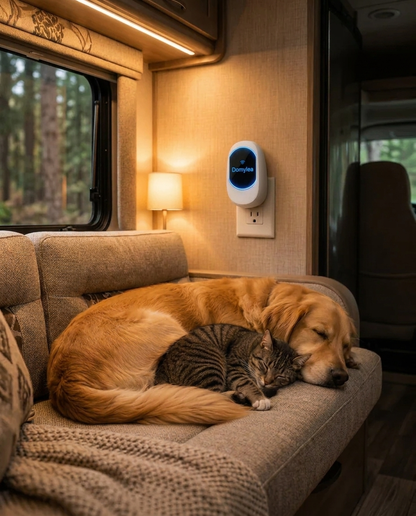 Chien et chat endormis dans un VR protege par le radar